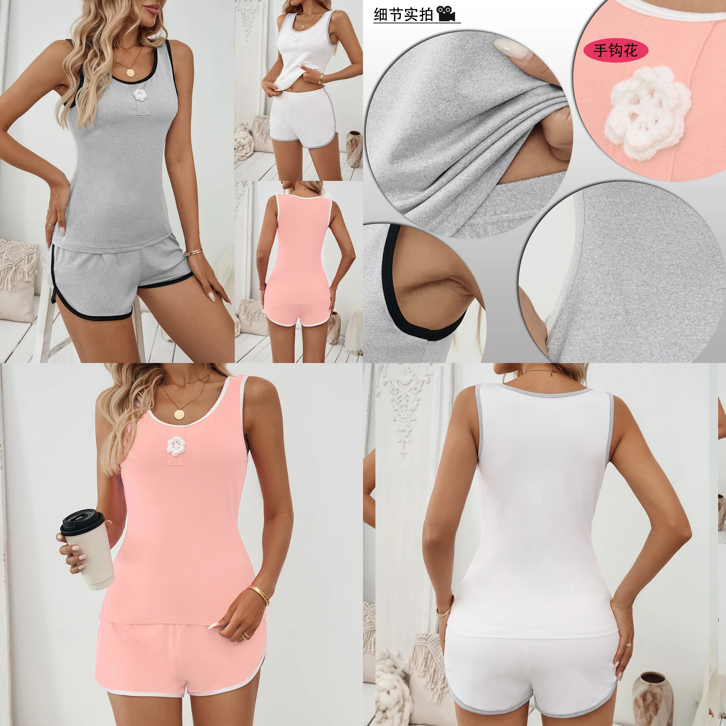 Spring Summer Women Hand Hooked Vest Shorts Set Matching Lounge Suit Tee Top Blouse Jumpsuit Playsuit Pants