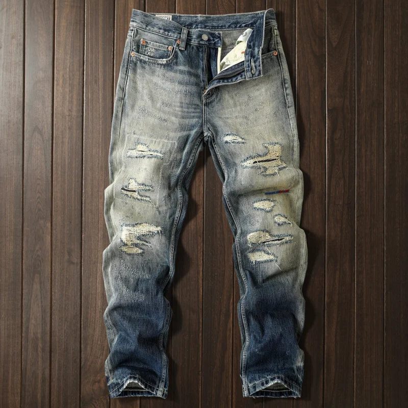 2026 New Arrival Gradient Vintage Distressed Jeans, Men’s Ripped Patch Heavy Denim Classic Retro Loose Straight Trousers