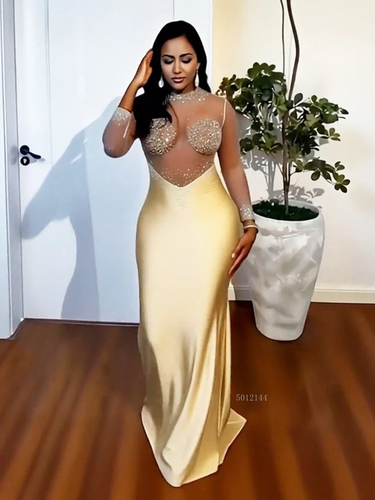 

2025 New Fashionable women's clothing sexy hot girl evening dress African hot drilling round neck long-sleeved fish tail dress