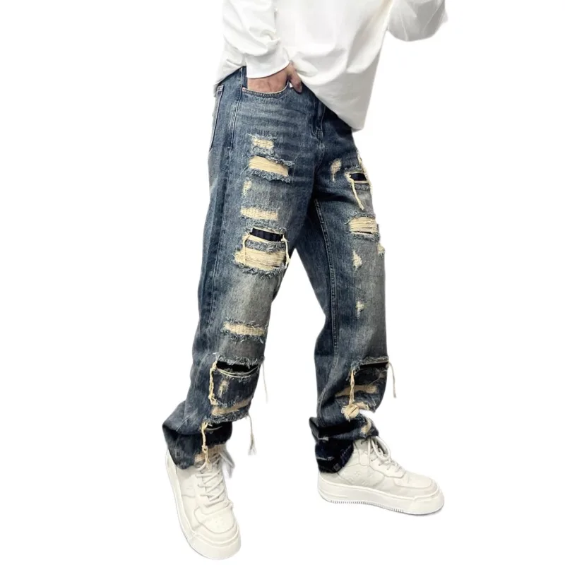 American-style casual edgy distressed patchwork jeans men's straight-leg loose-fit streetwear high-street ragged pants