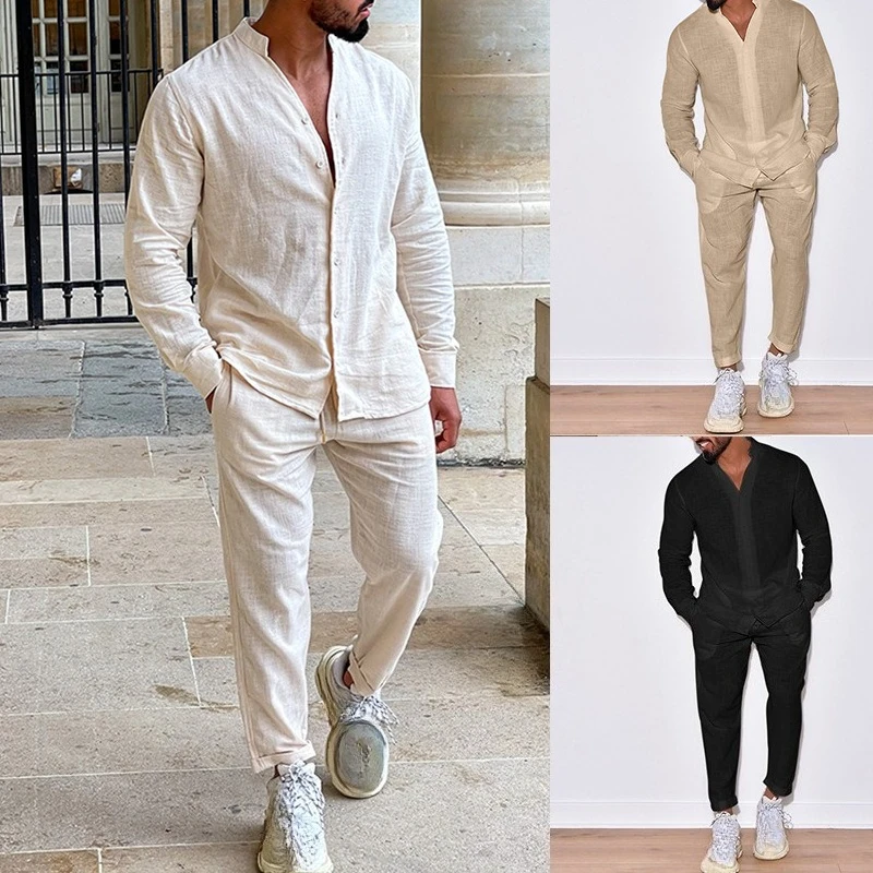 

Men's light luxury sports cotton hemp stand collar long sleeve casual shirt spring and autumn fashion cargo pants two-piece set