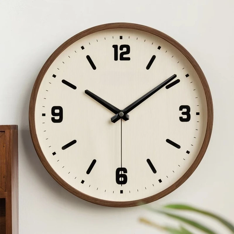 Fashion Minimalist Wall Clock, Walnut Wood Grain Quartz Hanging Clock, Vintage Simple Clock for Living Room Home Decor