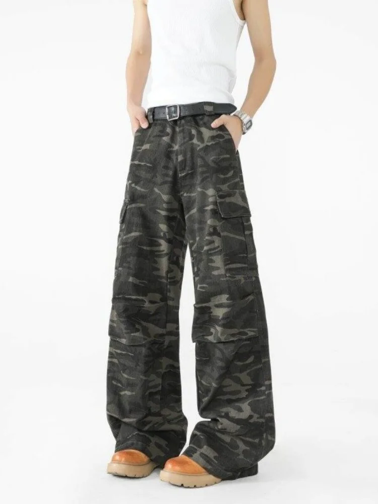 

American High Street Work Pants Men's Straight Leg Camouflage Casual Pants Summer Trendy Brand Flared Pants Thin Jeans