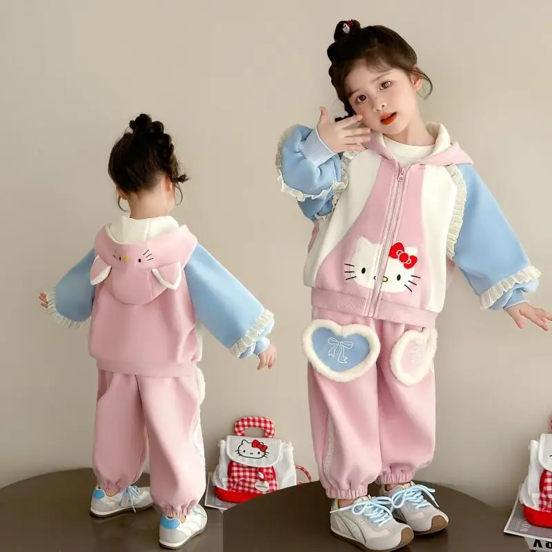 

Sanrio Hello Kitty Hoodie 2-Piece Set Girl Coat Pants Child Spring Autumn Sportswear Kawaii Cartoon Fashion New Casual Clothing