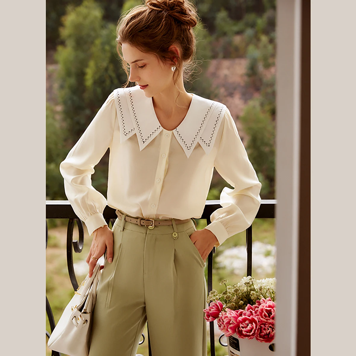 

OLrain Women's Casual Long Sleeve Shirt Autumn 2026 New Loose Thin Foreign Blouse Vintage Niche Lapel Lady Tops O22CC00192