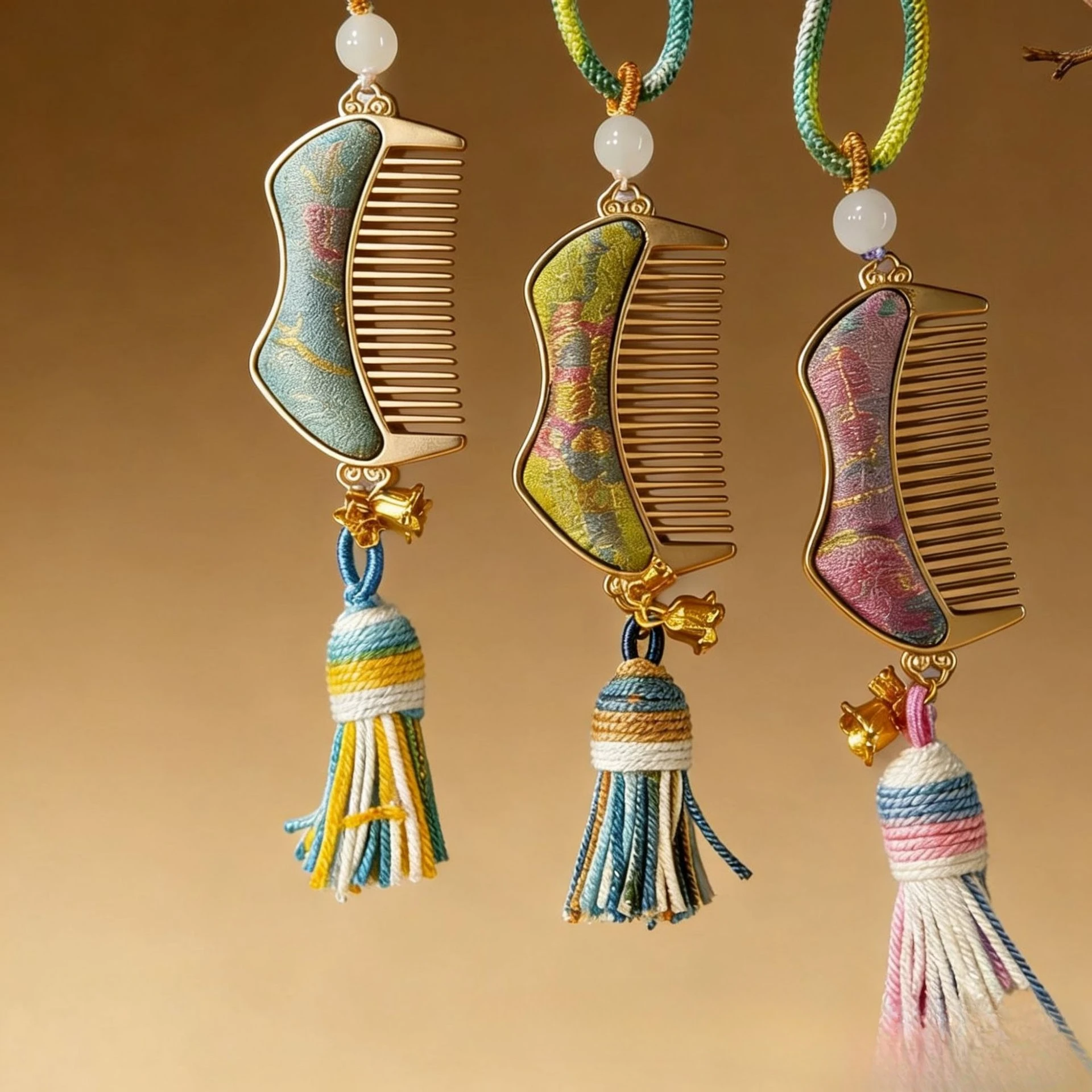 Small, Handcrafted, Double-Sided “Peace and Joy” Comb-Shaped Ornament with Tassels in Traditional Chinese Song Brocade Style