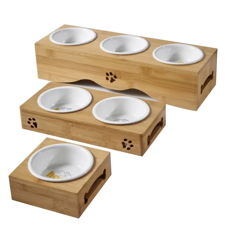 Pet Dog Cat Bowl  Bamboo Wooden Table Into A Kitten Skid Resistant Double Bowl Small Dog Food Bowl