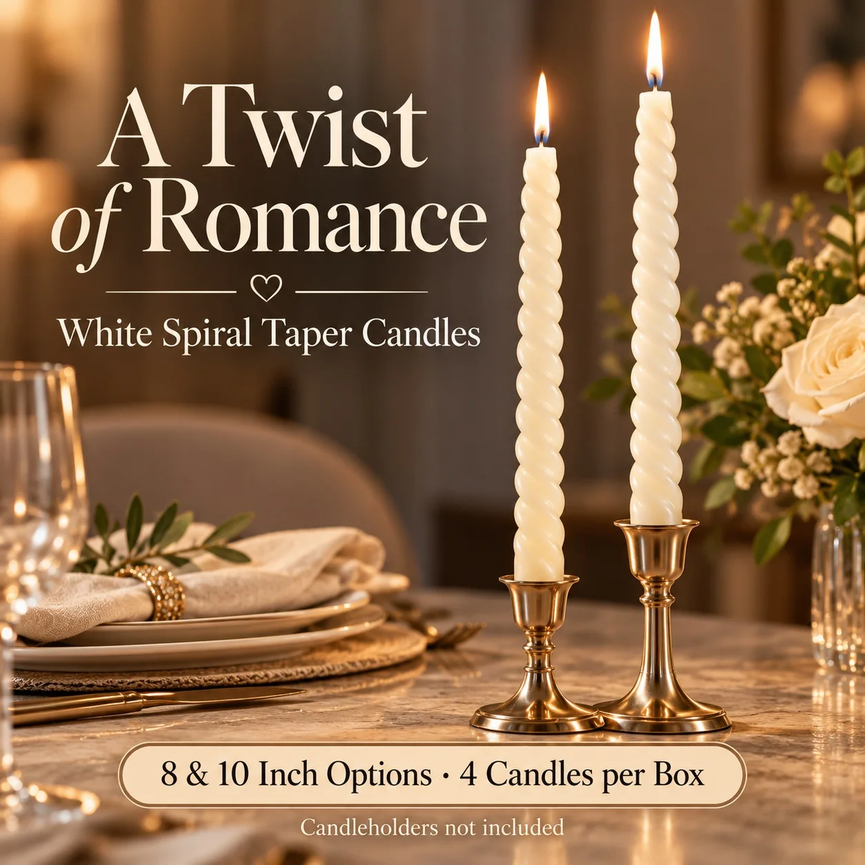 White Spiral Taper Candles 8 or 10 Inch, 4 per Box, Twisted Candles for Wedding Centerpieces and Romantic Dinner Decor