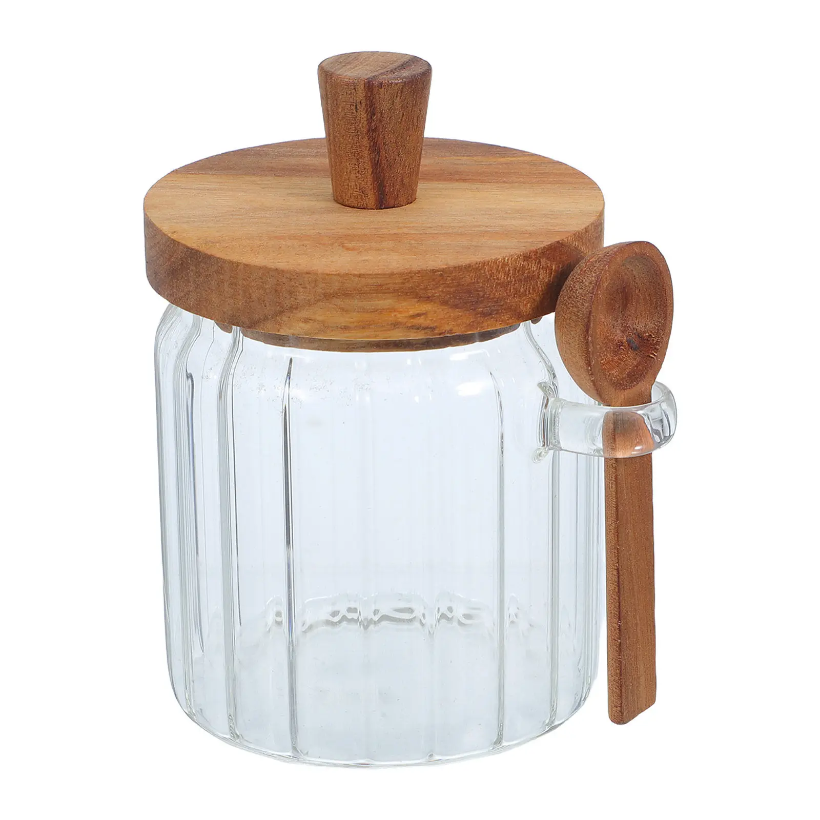 

Airtight Glass Spice Jar with Spoon 450Ml Natural Acacia Wood Lid Clear Borosilicate Seasoning Container for Kitchen Counter
