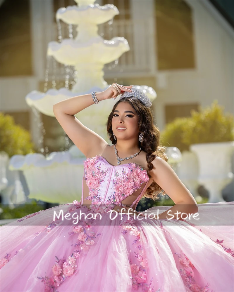 Pink Sweetheart Quinceanera Dresses Ball Gown Bead 3D Flower Birthday Dress Women 2024 Bow Princess Gown Sweet 16 Customized