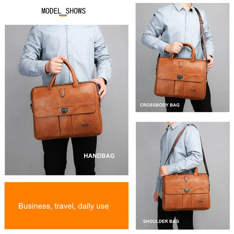 Jeep Buluo Men's Leather Briefcase 14 Inch Laptop Messenger Bag Business Handbag for Work view 6