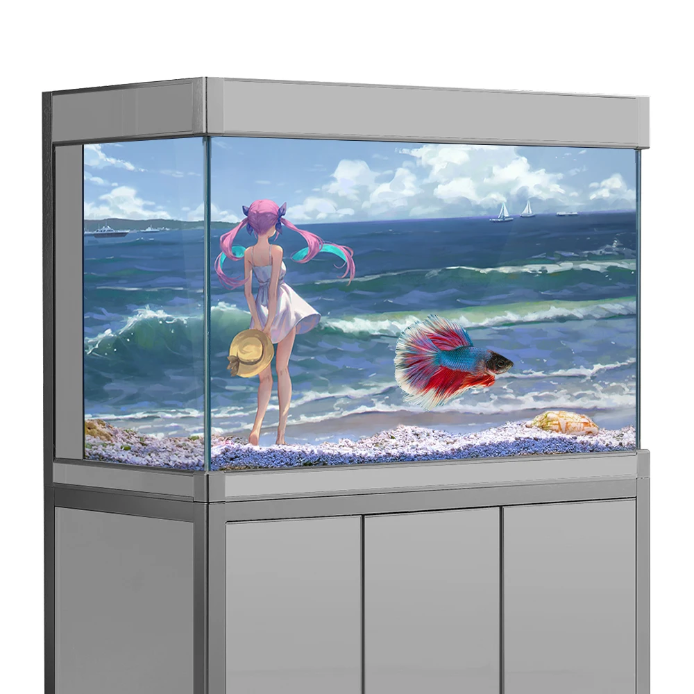 

Aquarium Background Sticker,Anime Girls Beach Sea HD Printing Wallpaper Fish Tank Backdrop Decorations PVC Landscape Poster