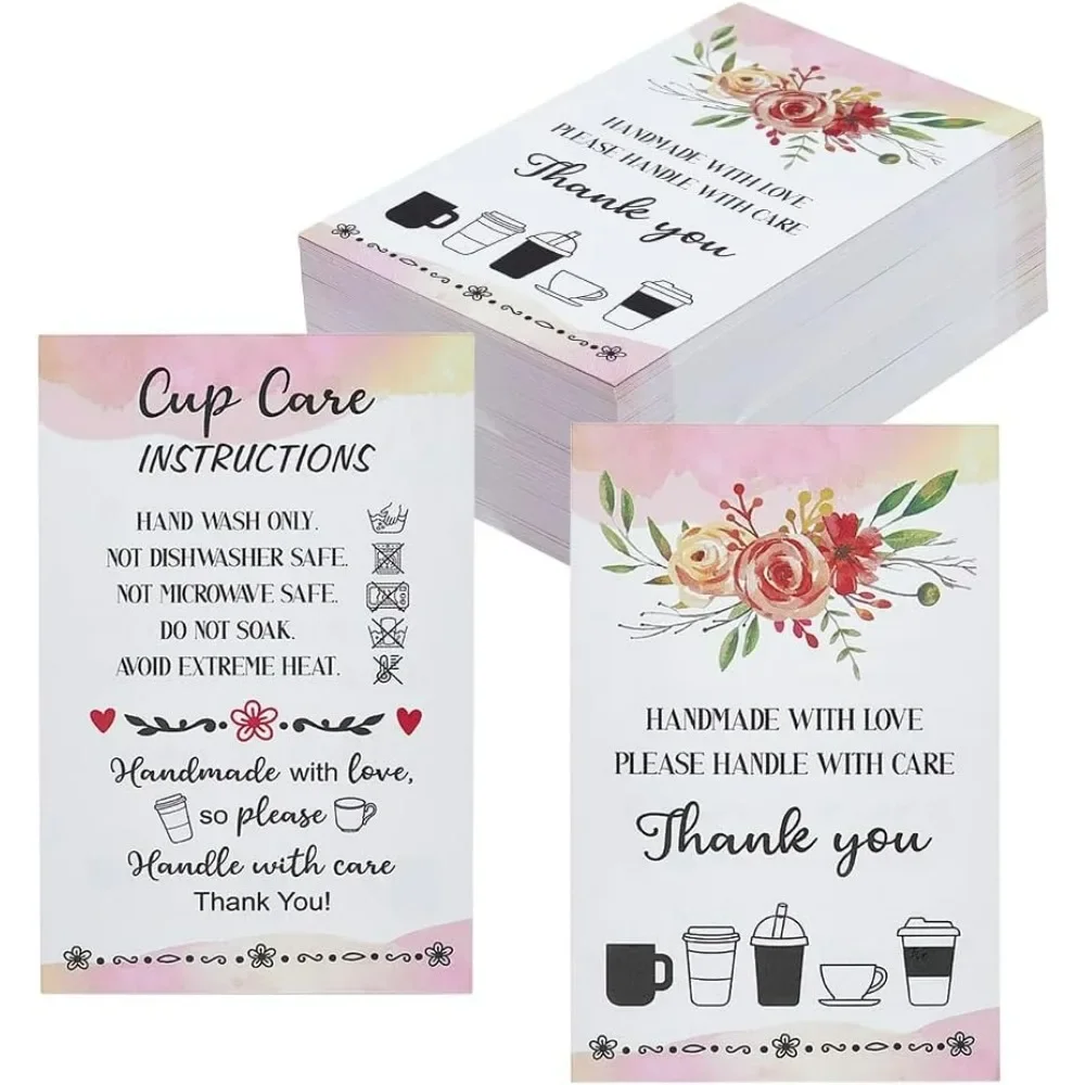 

240 Pcs Cup Care Instructions Cards 2.13x3.43inch Pink With Flower Print Rectangle Display Card with Handmade with Love Text