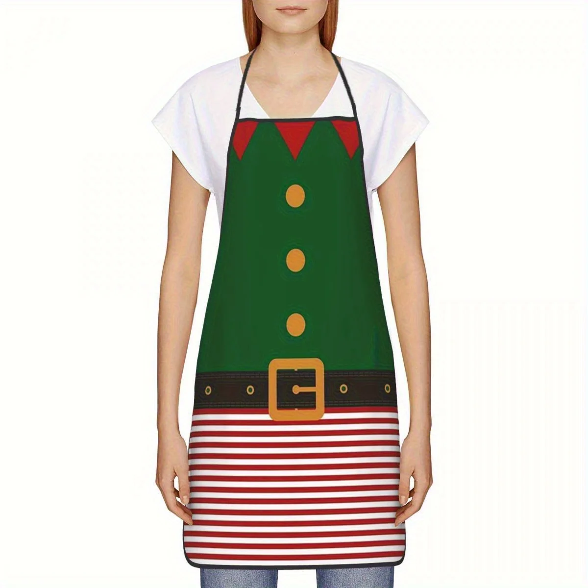 JIT1 Holiday Elf Themed Apron - Green with Red And White Stripes, Featuring Golden Buttons And a Belt, Measuring 52*72Cm, Perfec