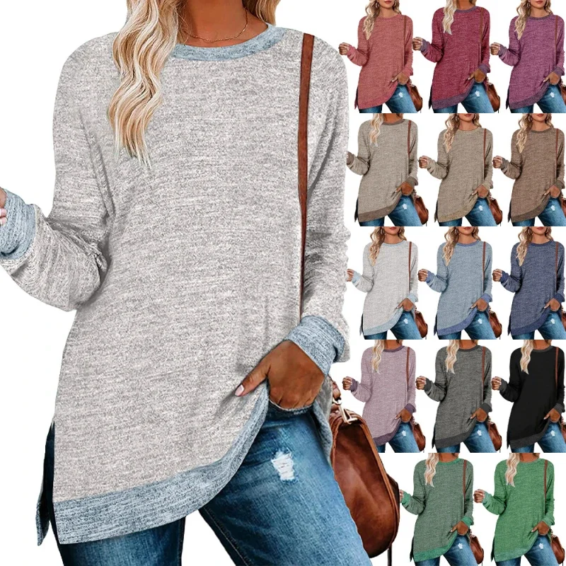 

Fashionable Women's Long Sleeve Color-Block Pullover T-Shirt with Slits Casual and Comfortable Loose Fit Top for Everyday Style