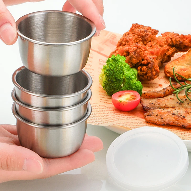 6Pcs 304 Stainless Steel Small Sauce Cup Korean Seasoning Dish with Lid Leak-Proof Round Dipping Bowl Outdoor Camping Tableware