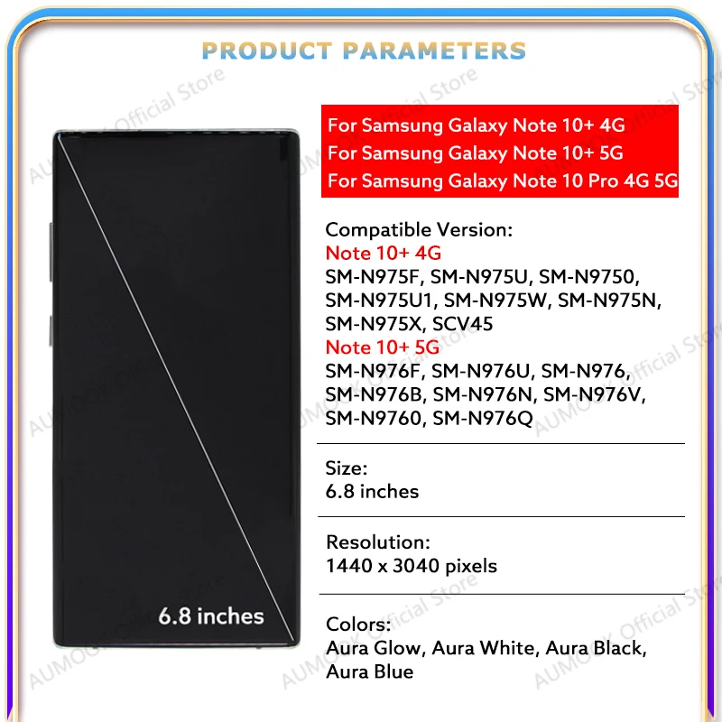 AMOLED LCD For Samsung Galaxy Note 10 Plus Note 10+ 4G 5G LCD Display Touch Screen Digital Assembly With Frame N976F LCD Parts