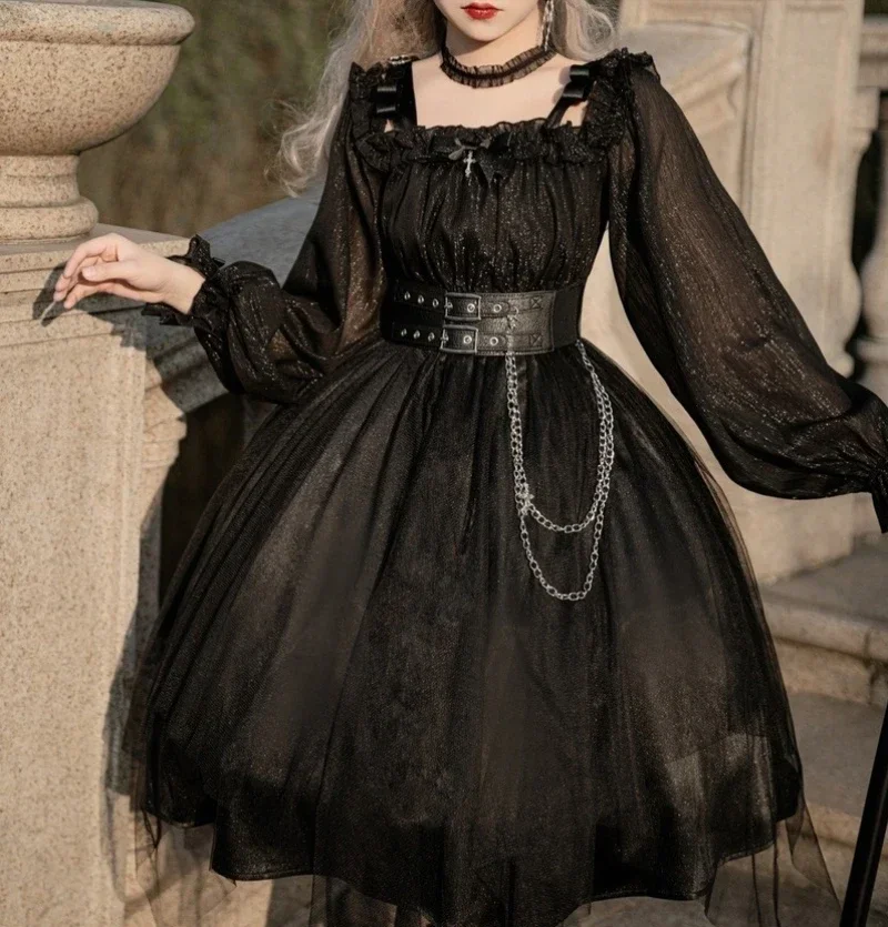 2026 جديد القوطية شبكة سوداء لوليتا فستان للنساء عالية الخصر مائل الرقبة الظلام الشرير الشارع الشهير خمر فستان حفلة الأميرة #6