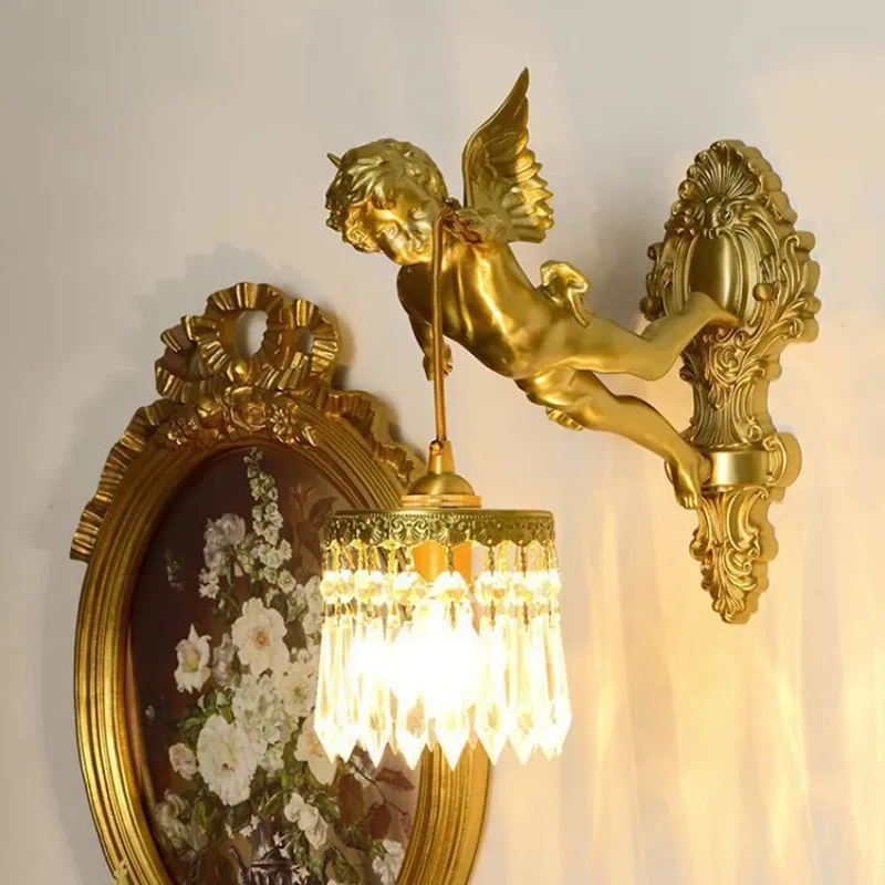 French Luxury All Copper Angel LED Wall Lamps Diamond Crystal Lights Living Room Bedroom Restaurant Corridor Atmosphere Sconces