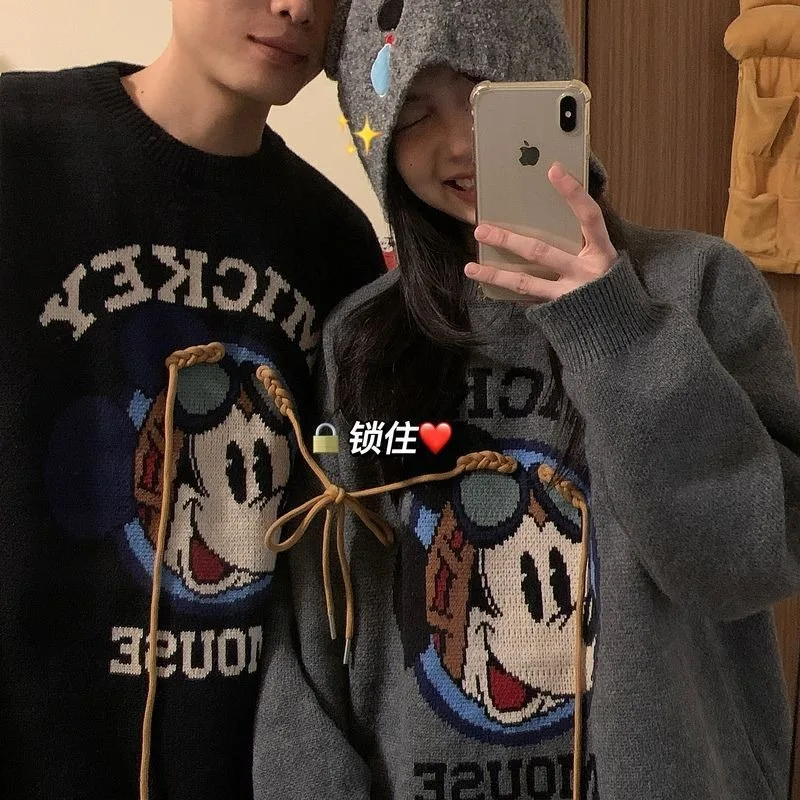 Creative New Kawaii Mickey Print Loose Round Neck Sweater Cute Disney Cartoon Autumn Casual Versatile Drawstring Y2k Sweater image 4