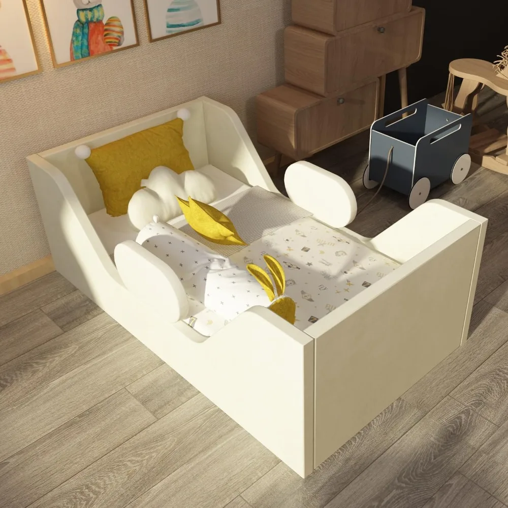 Cama para niños pequeños, cama para niños con seguridad ancha adicional, cama para niños de tamaño estándar, camas para niños pequeños de tela certificadas,
