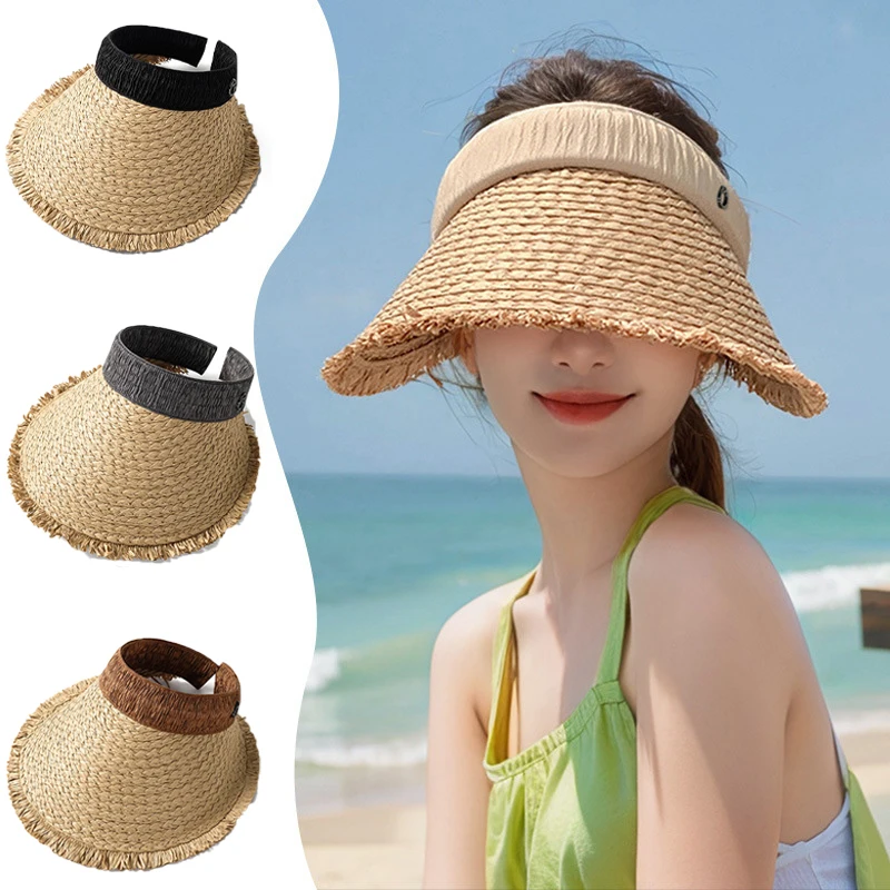 Large Brim Straw Sun Visors Women Girls Raffia Fur-Edged Foldable Summer Hat UV Protection Fashion Versatile Empty Top Beach Hat