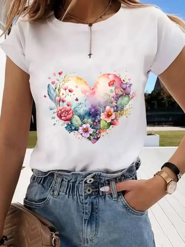 Camiseta con estampado de flores de amor para mujer, ropa con cuello redondo, ropa estampada de manga corta, Top de mujer