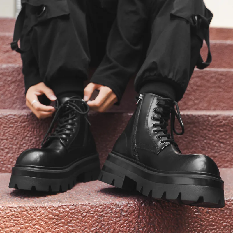 2024 New Men's Thick-soled Heightening Locomotive Spring and Autumn High-top Big-head Outdoor Tooling Boots
