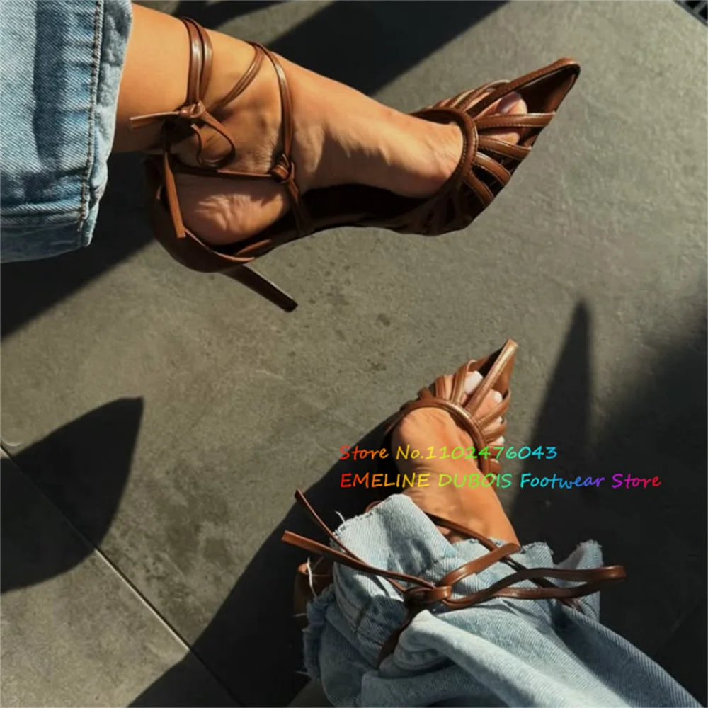 Brown Leather Pointed Toe Highheel Sandals Women Sexy Summer New Hollow Cross Strap Slingback Lace Up Ankle Strap Stiletto Shoes