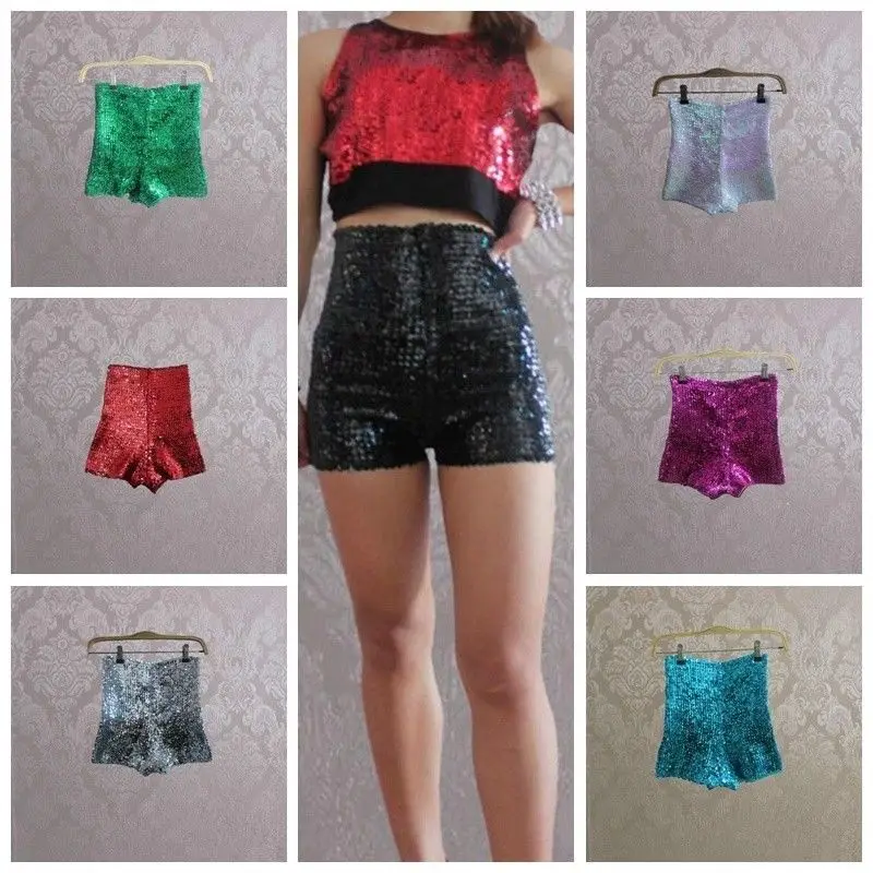 Mulheres estiramento cintura alta prateada lantejoulas completas Shorts de dança, calça glitter brilhante, senhora