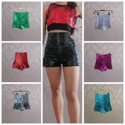 Lady High Waist Full Sequins Shorts Shiny Glitter Dance Pants Stretch Silver