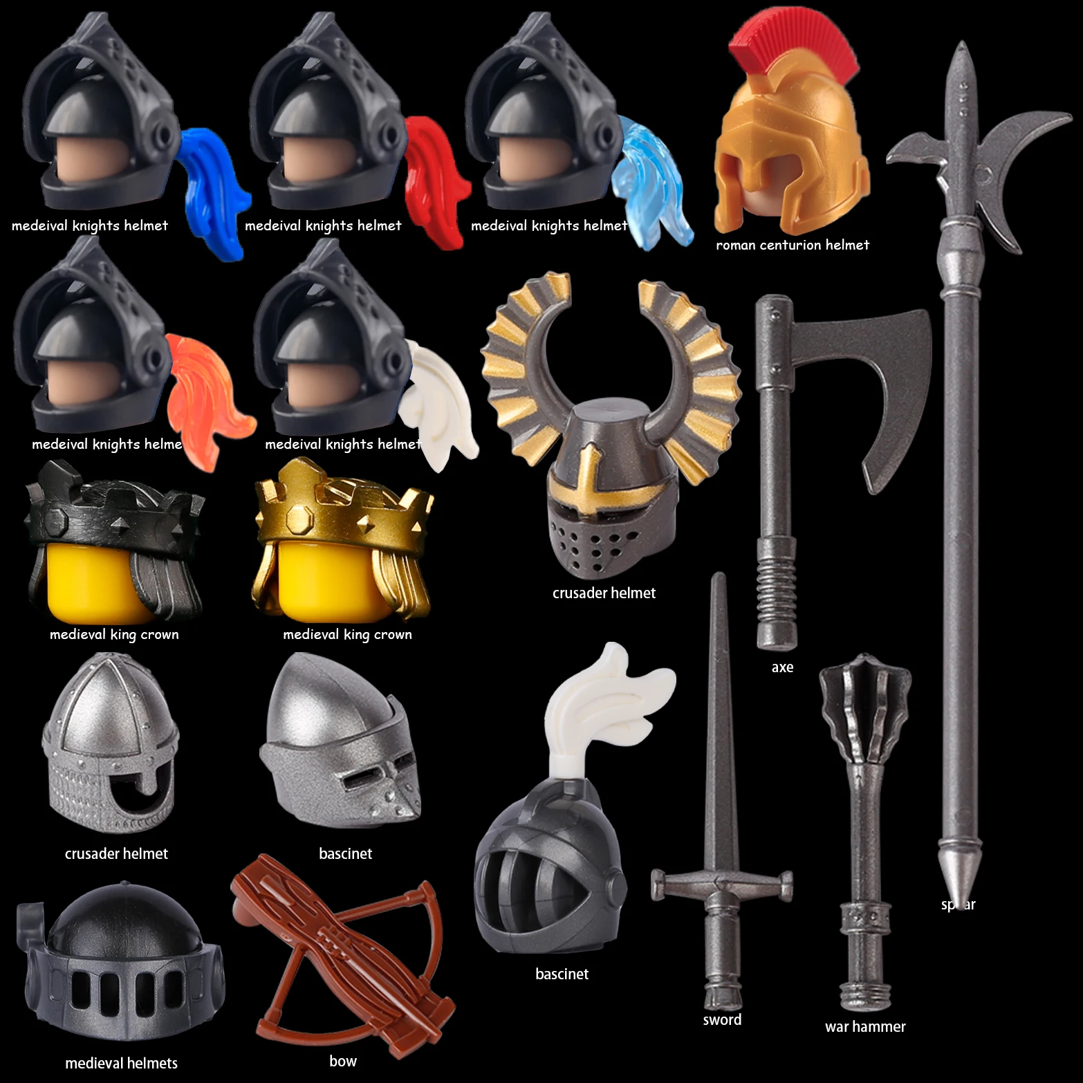 MOC Castle Knights Helmets Building Blocks Medieval Military King Crown Soldiers Weapons Bow Spear Sword Bricks Toys Kids Gift