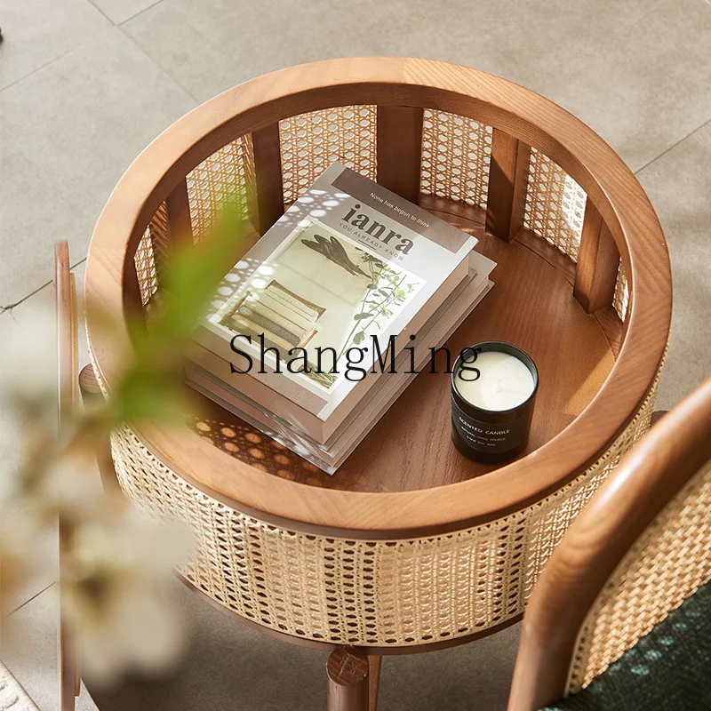 SM Wood Rattan Small Coffee Table Simple Solid Wood Rattan Corner Table Sofa Side Cabinet Creative Storage Small Table