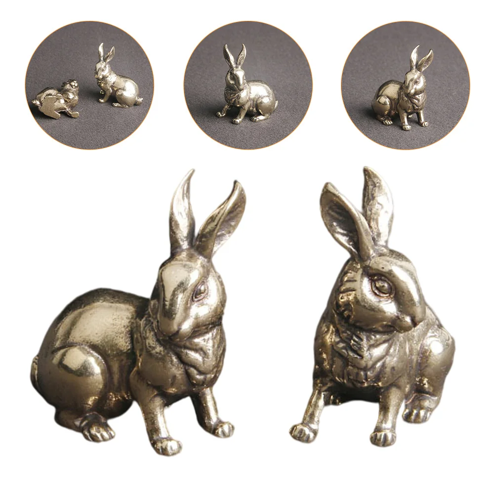 

2Pcs Retro Rabbit Brass Craft Small Decor Desktop Ornament Creative Office Home Decoration Rabbit Statue Office Decor
