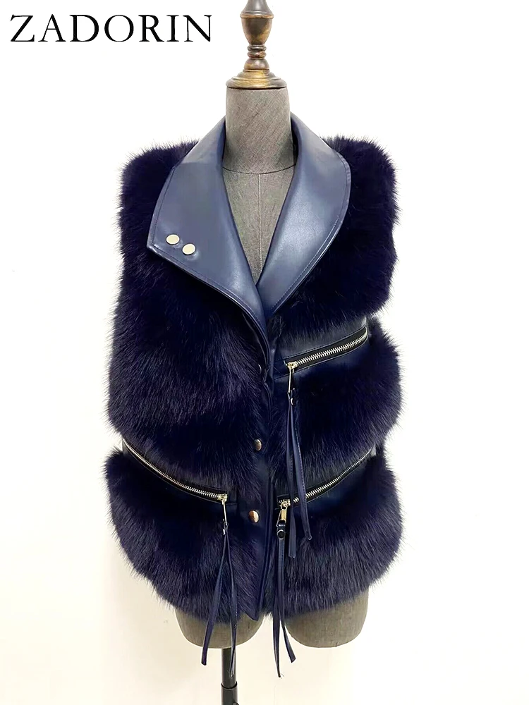 ZADORIN 4XL Autumn Winter Splicing Zippers Faux Fox Fur Vest Women Luxury Leather Collar Short Women Faux Fur Coat Fur Waistcoat