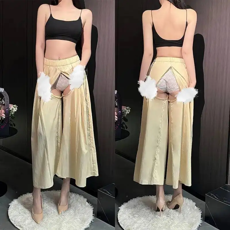 Invisible Zipper Open Crotch Women Pants High Waist Sweatpants Wide Leg Casual Trousers