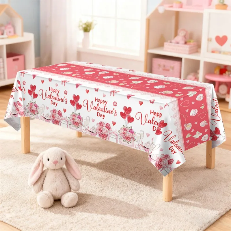 

1pc Valentine's Day TableclothHappy Valentine's DayPink Rose Disposable Party Decoration Plastic Tablecloth