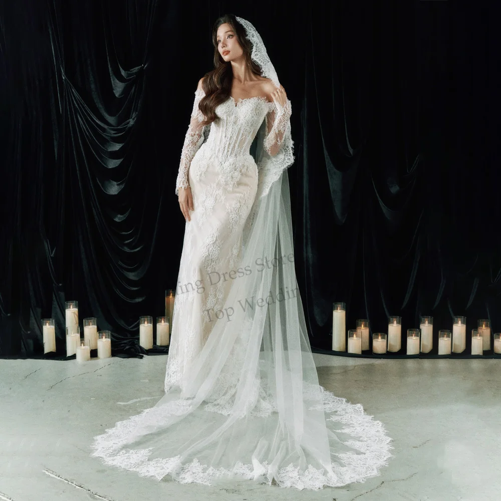 Romantic Off Shoulder Lace Wedding Dresses Long Sleeve Lace Mermaid Corset Bodice Bride Gowns Applique Robe De mariée Customized