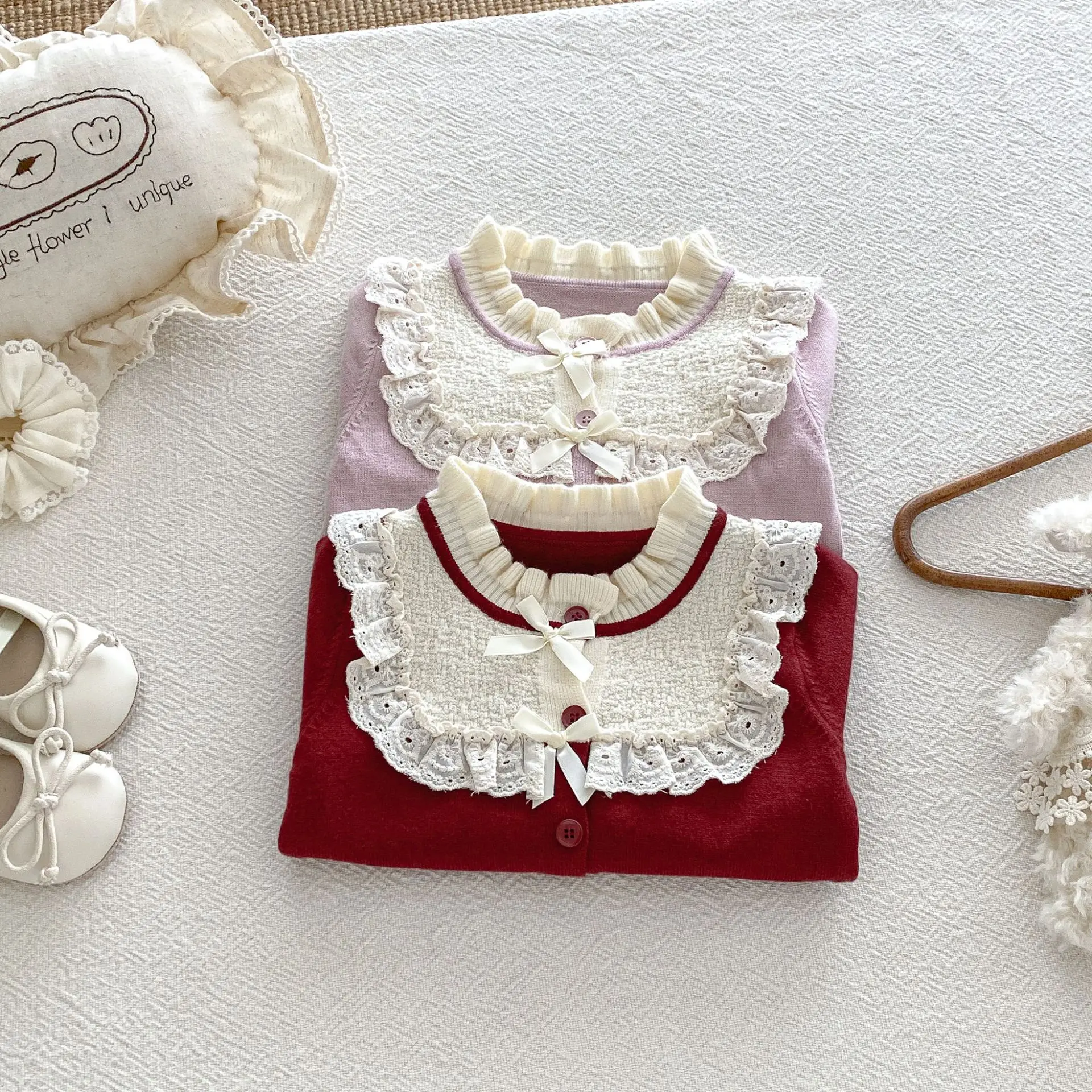 2026 Autumn New Baby Long Sleeve Bow Knitted Cardigan Girls Sweet Lace Collar Sweater Coat Cotton Infant Toddler Clothes