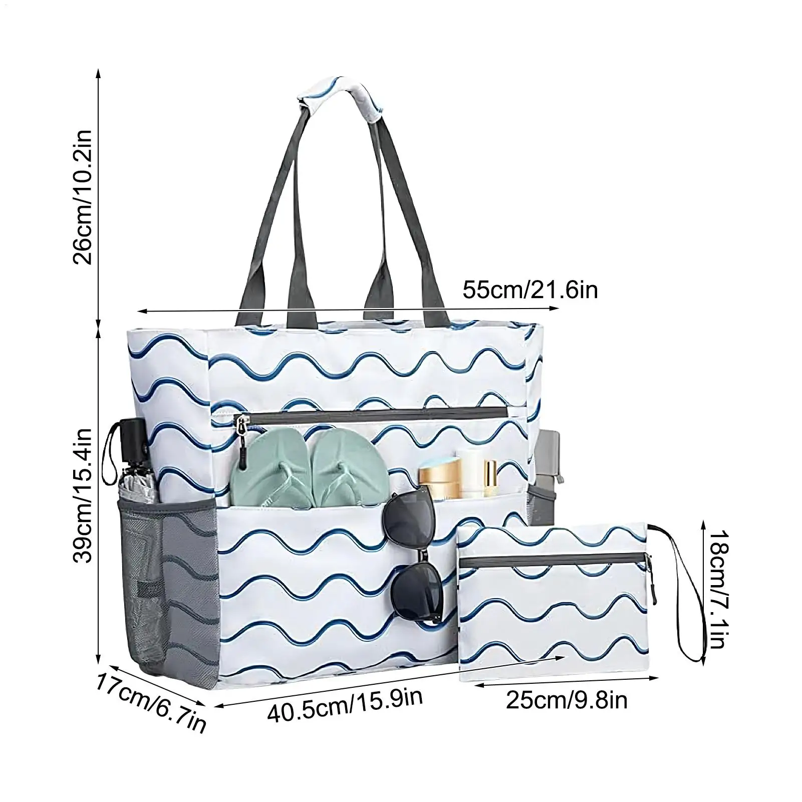 비치 토트백 대형 비치백 동전 지갑 포함 접이식 방수 토트 야외 핸드백 지퍼 포함 출퇴근 데일리용