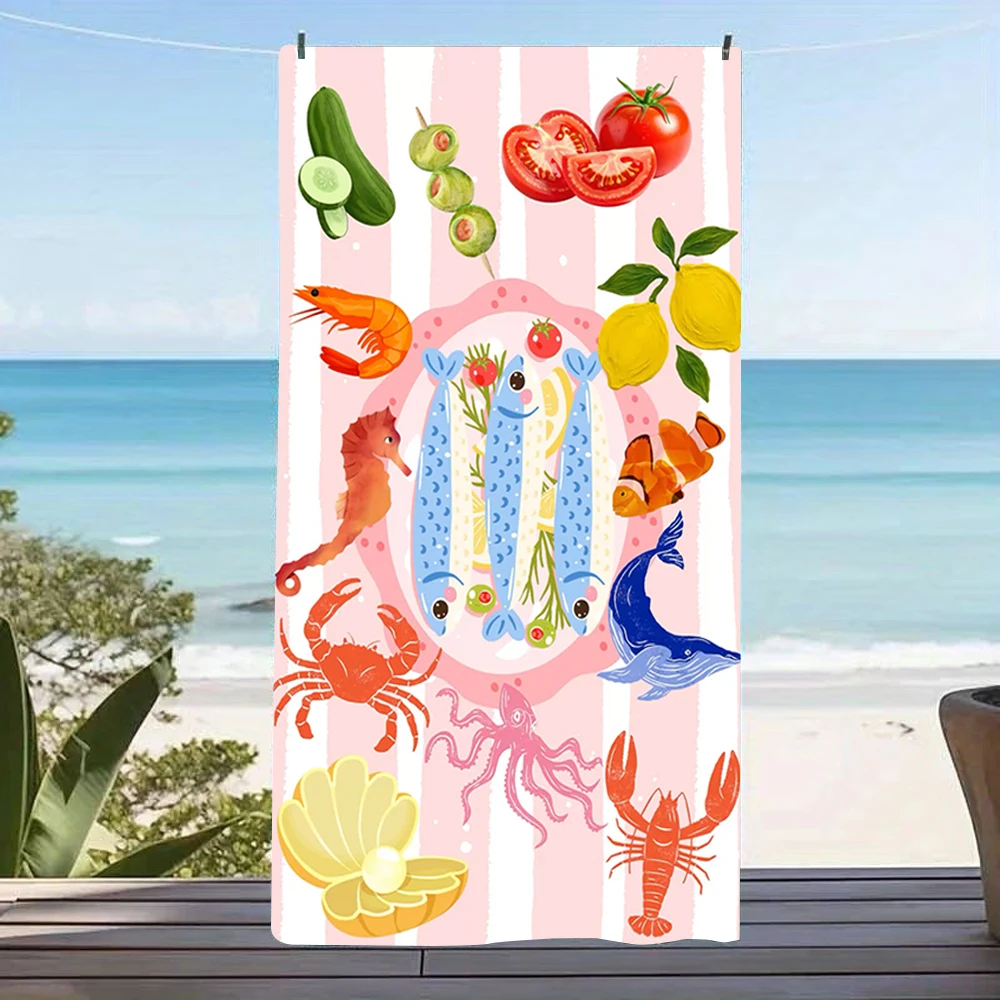 Mixed Seafood Ocean Animal Print Beach Towel Lightweight Quick Dry for Summer Beach Pool Daily Casual Use