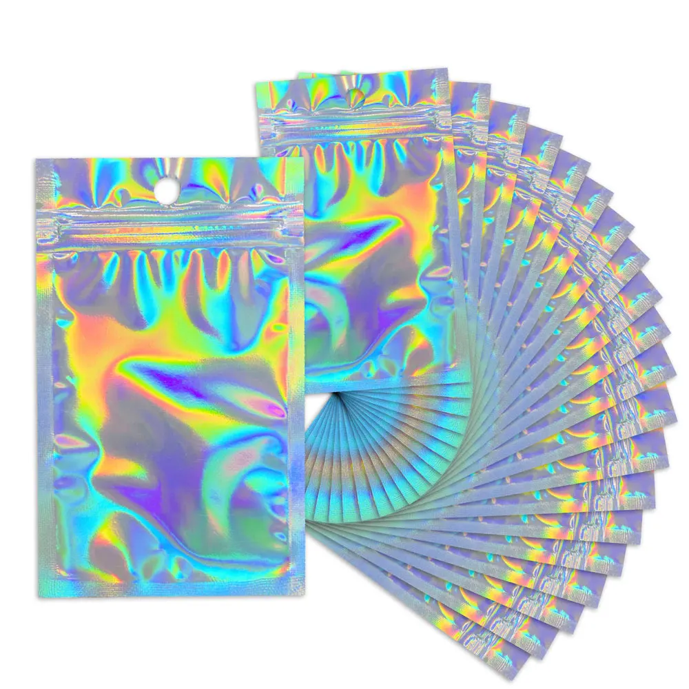Sac holographique multi-tailles à motif laser arc-en-ciel, sac auto-scellant pour bonbons, aliments, colliers, bijoux, cadeaux, emballage refermable