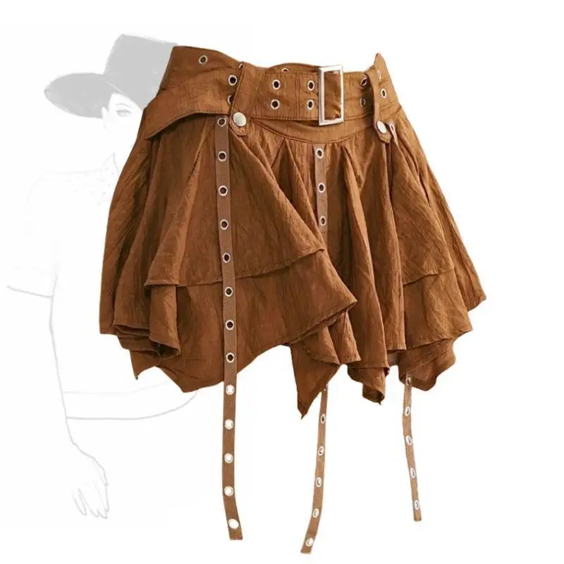 Women's Skirts 2026 Spring Summer Vintage Irregular Ruffle Mini Skirt Asymmetric Irregular Hem Pleated Mini Skirt With Tie Strap