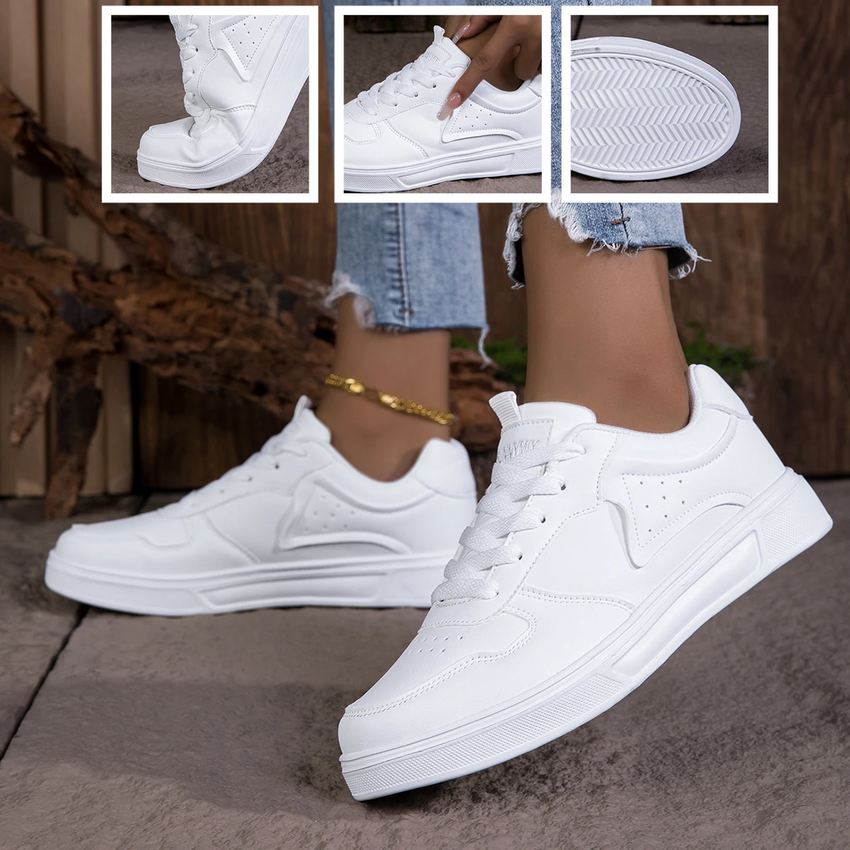 Casual Board Shoes for Men Women White PU Leather Lace Up Low Top Flat Sneakers Fashion Skate Shoes Daily Walking Footwear