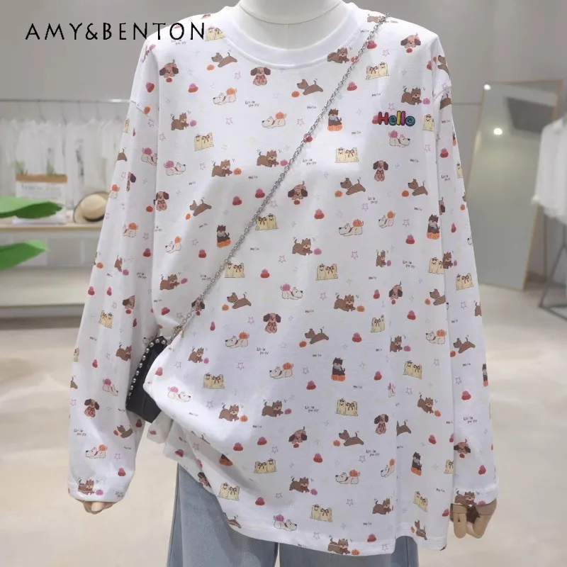 

Age-Reducing Girly Cartoon Pullover T-Shirt 2025 Early Autumn Loose Slimming Mid-Length Pure Cotton Long Sleeves Tshirts Women
