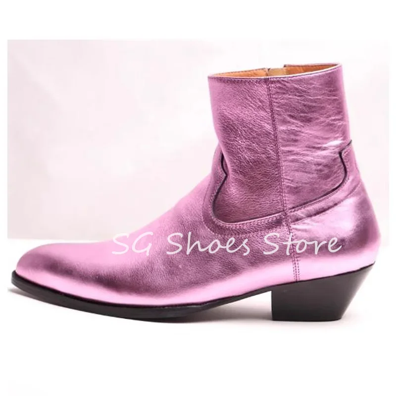 

Romantic Purple Leather Ankle Boots for Men Wedding Dress Shoes Pointed Toe Chunky Heel Chelsea Boots Male Party Dress Shoes