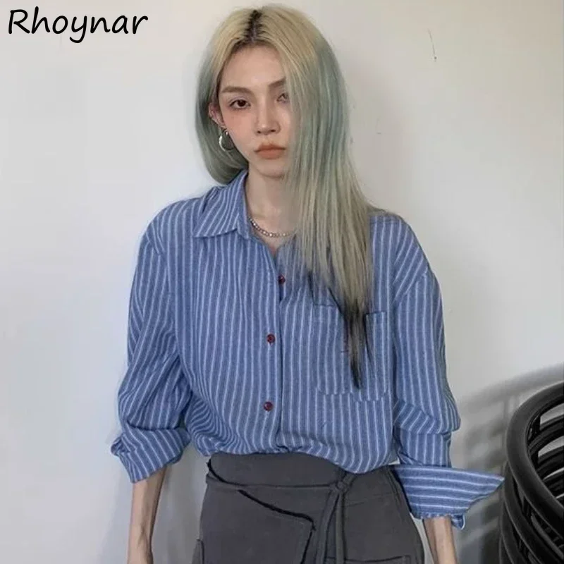 

Полосатые рубашки женские осенние повседневные офисные женские винтажные Ulzzang классические унисекс универсальные майки с длинным рукавом шикарные популярные