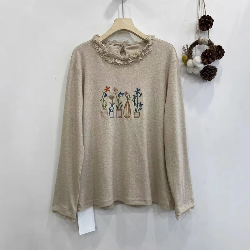 Autumn New Lace Collar Long Sleeve Flower Embroidery Casual Loose Basic T Shirts Tops