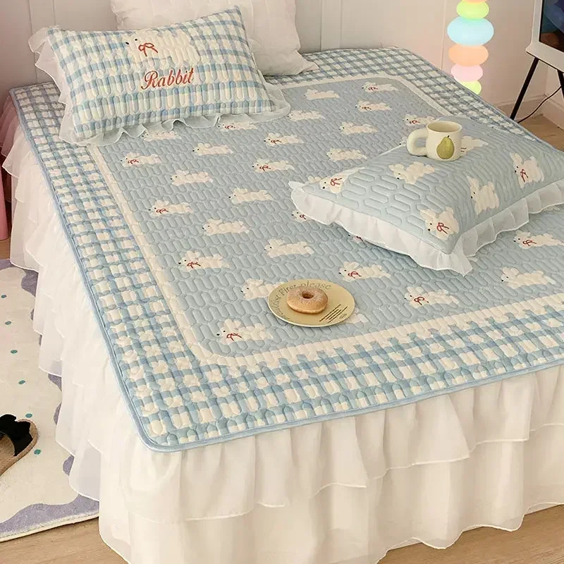 Ins  Ice Silk Bottom Sheet With Lace SkirtCartoon Bunny Washable Natural Latex Bedspreads For Double Bed Ruffle Cover Promotion