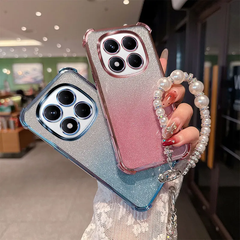 Gradient Glitter Stoßfeste TPU-Handyhülle mit luxuriösem Perlenketten-Handgelenksband für Xiaomi Redmi Note 15 14 Pro Plus 5G Rückseite